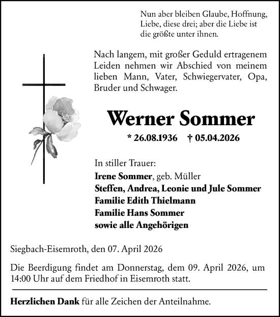 Traueranzeige von Werner Sommer von Dill Block