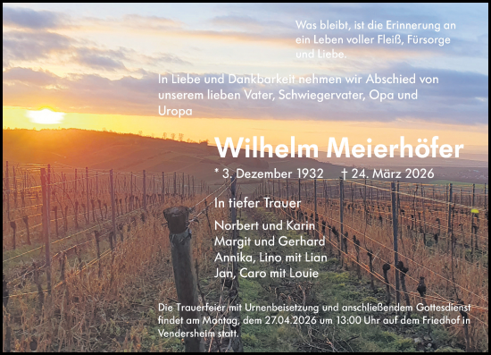 Traueranzeige von Wilhelm Meierhöfer von Allgemeine Zeitung Alzey