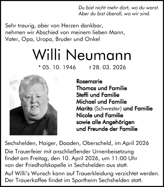 Traueranzeige von Willi Neumann von Dill Block