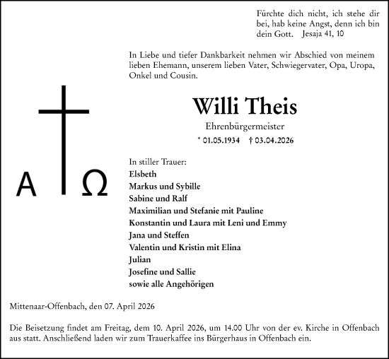 Traueranzeige von Willi Theis von Dill Block