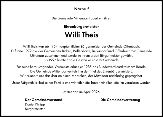Traueranzeige von Willi Theis von Dill Block