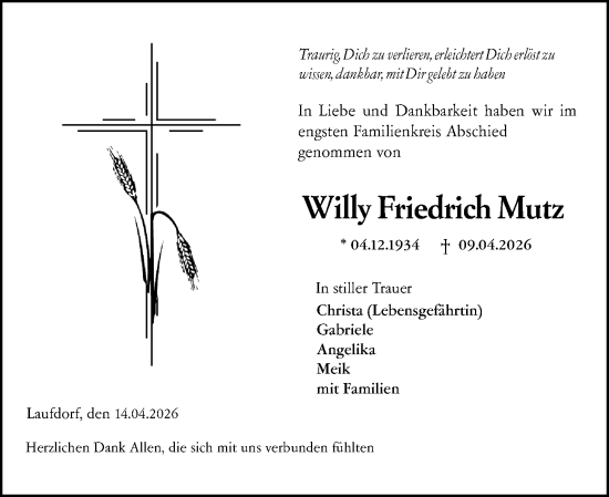 Traueranzeige von Willy Friedrich Mutz von Wetzlarer Neue Zeitung