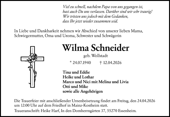 Traueranzeige von Wilma Schneider von Allgemeine Zeitung Mainz