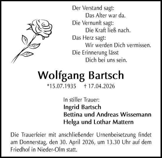 Traueranzeige von Wolfgang Bartsch von Allgemeine Zeitung Mainz