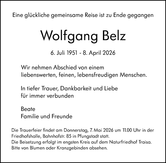 Traueranzeige von Wolfgang Belz von Darmstädter Echo