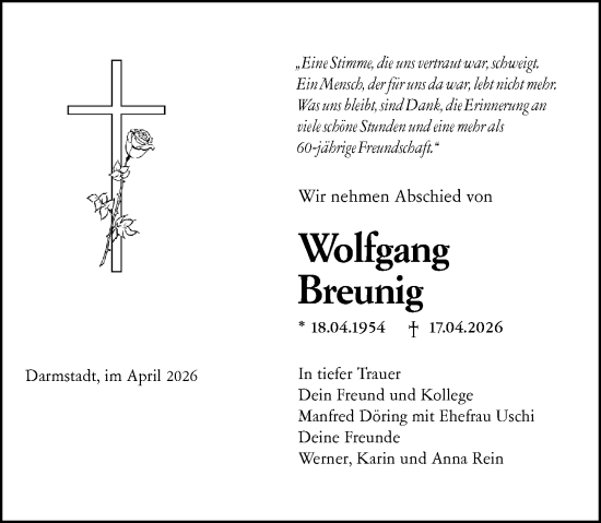 Traueranzeige von Wolfgang Breunig von Darmstädter Echo