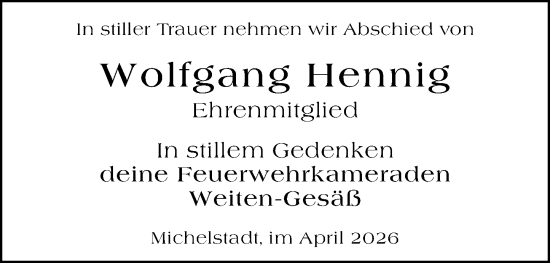 Traueranzeige von Wolfgang Hennig von Odenwälder Echo