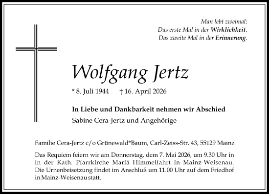 Traueranzeige von Wolfgang Jertz von Allgemeine Zeitung Mainz