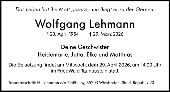 Traueranzeige von Wolfgang Lehmann von Wiesbadener Kurier
