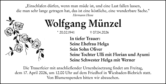 Traueranzeige von Wolfgang Münzel von Wiesbadener Kurier