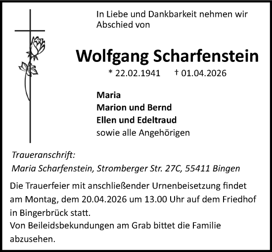 Traueranzeige von Wolfgang Scharfenstein von Binger-/Ingelheimer Wochenblatt