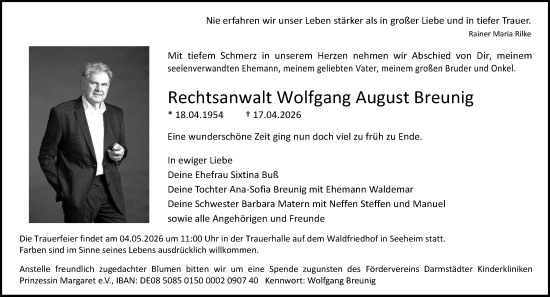 Traueranzeige von Wolfgang August Breunig von Darmstädter Echo