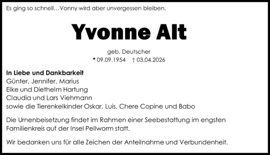 Traueranzeige von Yvonne Alt von Wetzlarer Neue Zeitung