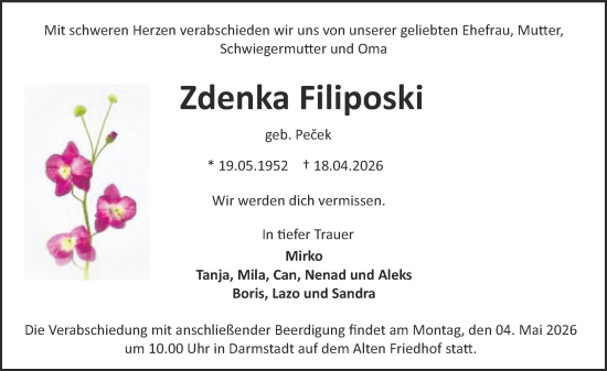 Traueranzeige von Zdenka Filiposki von Darmstädter Echo