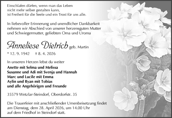 Traueranzeige von Anneliese Dietrich von Wetzlarer Neue Zeitung
