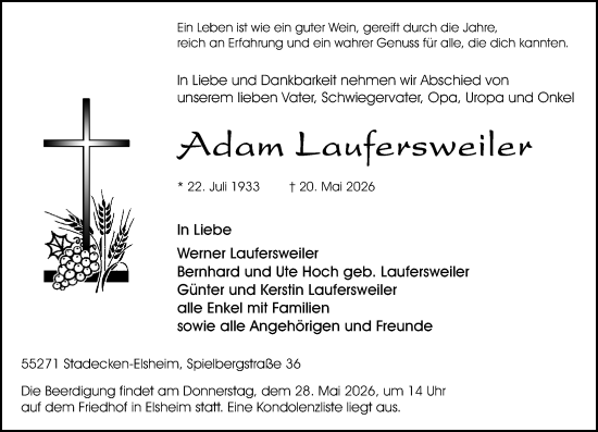 Traueranzeige von Adam Laufersweiler von Allgemeine Zeitung Rheinhessen-Nahe