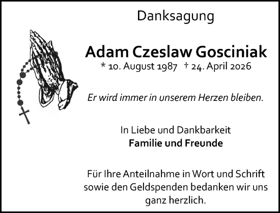Traueranzeige von Adam Czeslaw Gosciniak von Allgemeine Zeitung Mainz