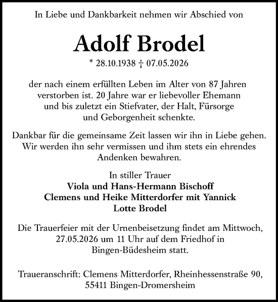 Traueranzeige von Adolf Brodel von Allgemeine Zeitung Rheinhessen-Nahe