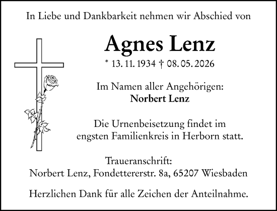 Traueranzeige von Agnes Lenz von Dill Block