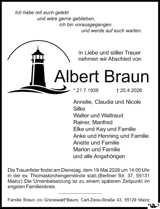 Traueranzeige von Albert Braun von Allgemeine Zeitung Mainz