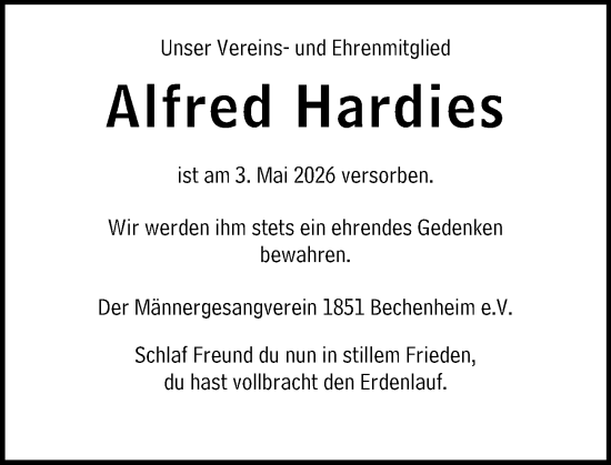 Traueranzeige von Alfred Hardies von Allgemeine Zeitung Alzey