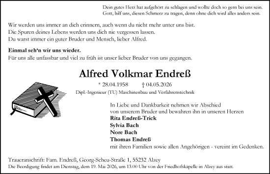 Traueranzeige von Alfred Volkmar Endreß von Allgemeine Zeitung Alzey