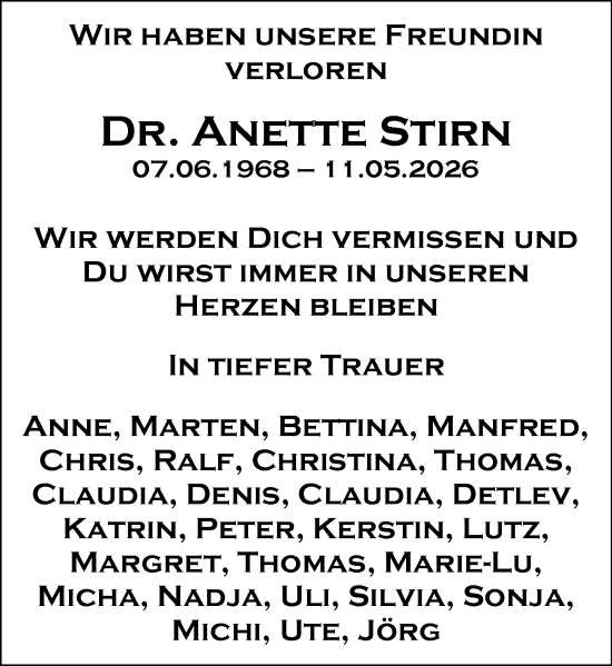 Traueranzeige von Anette Stirn von Wiesbadener Kurier