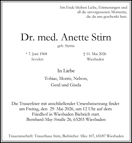 Traueranzeige von Anette Stirn von Wiesbadener Kurier