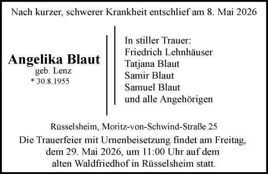 Traueranzeige von Angelika Blaut von Rüsselsheimer Echo