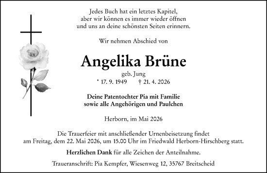 Traueranzeige von Angelika Brüne von Dill Block