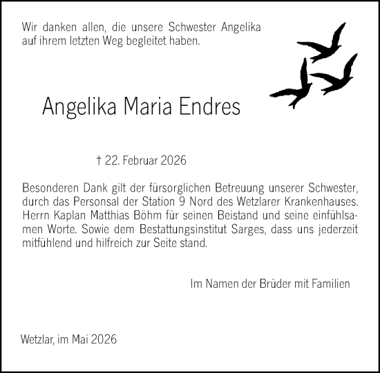 Traueranzeige von Angelika Maria Endres von Wetzlarer Neue Zeitung