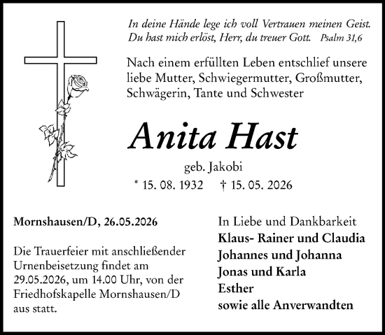 Traueranzeige von Anita Hast von Hinterländer Anzeiger