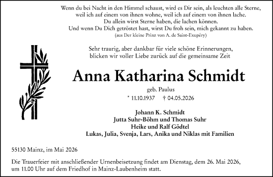 Traueranzeige von Anna Katharina Schmidt von Allgemeine Zeitung Mainz