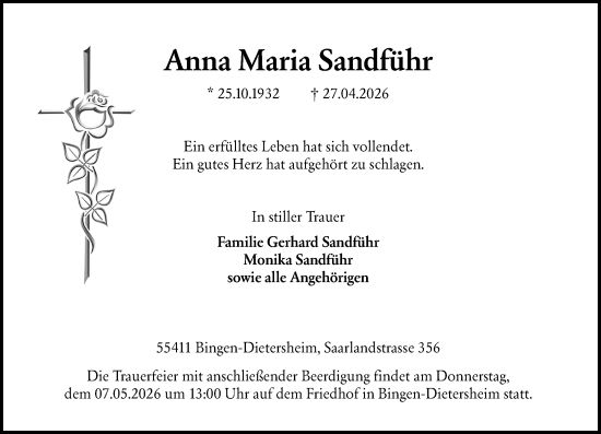 Traueranzeige von Anna Maria Sandführ von Allgemeine Zeitung Rheinhessen-Nahe