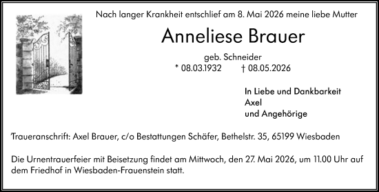 Traueranzeige von Anneliese Brauer von Wiesbadener Kurier