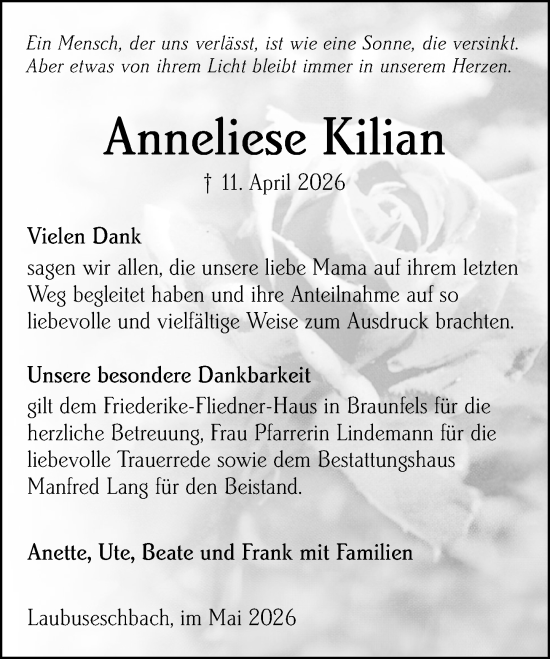 Traueranzeige von Anneliese Kilian von Weilburger Tageblatt