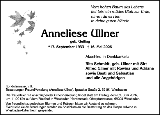 Traueranzeige von Anneliese Ullner von Wiesbadener Kurier