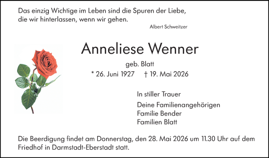 Traueranzeige von Anneliese Wenner von Darmstädter Echo