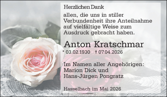 Traueranzeige von Anton Kratschmar von Weilburger Tageblatt