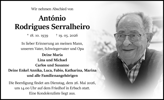 Traueranzeige von António Rodrigues Serralheiro von Odenwälder Echo