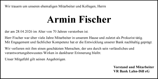 Traueranzeige von Armin Fischer von Hinterländer Anzeiger