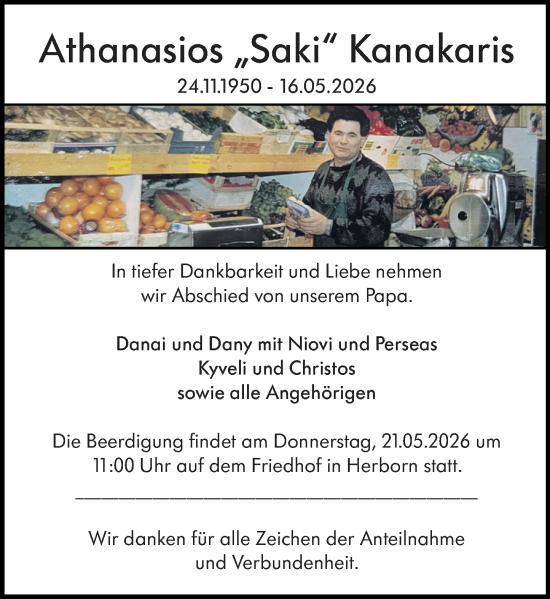 Traueranzeige von Athanasios Kanakaris von Dill Block