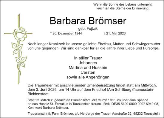 Traueranzeige von Barbara Brömser von Wiesbadener Kurier