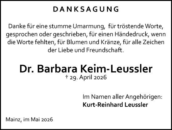 Traueranzeige von Barbara Keim-Leussler von Allgemeine Zeitung Mainz