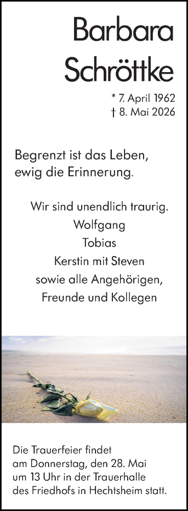 Traueranzeige von Barbara Schröttke von Allgemeine Zeitung Mainz