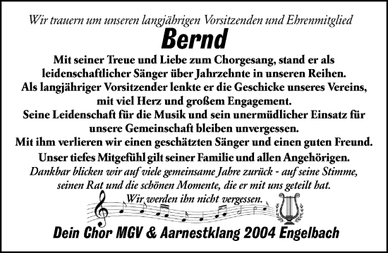 Traueranzeige von Bernd  von Hinterländer Anzeiger