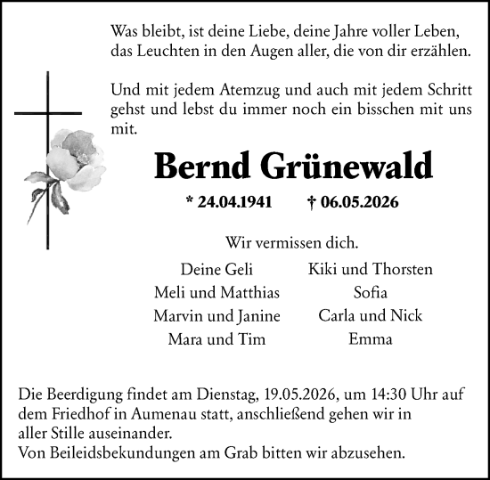 Traueranzeige von Bernd Grünewald von Weilburger Tageblatt