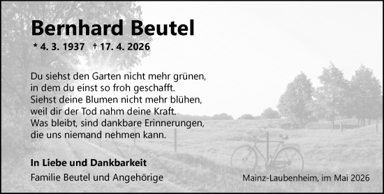 Traueranzeige von Bernhard Beutel von Allgemeine Zeitung Mainz