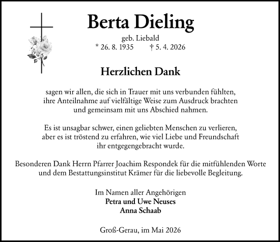 Traueranzeige von Berta Dieling von Groß-Gerauer Echo