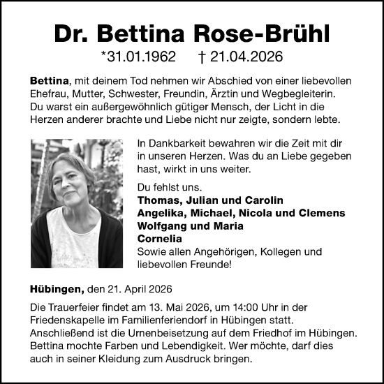Traueranzeige von Bettina Rose-Brühl von Idsteiner Land/Untertaunus